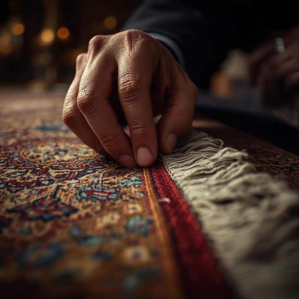 Close-up of an artisan hand repairing an oriental rug fringe, detailed craftsmanship, luxury workshop, warm lighting, prestige and tradition.