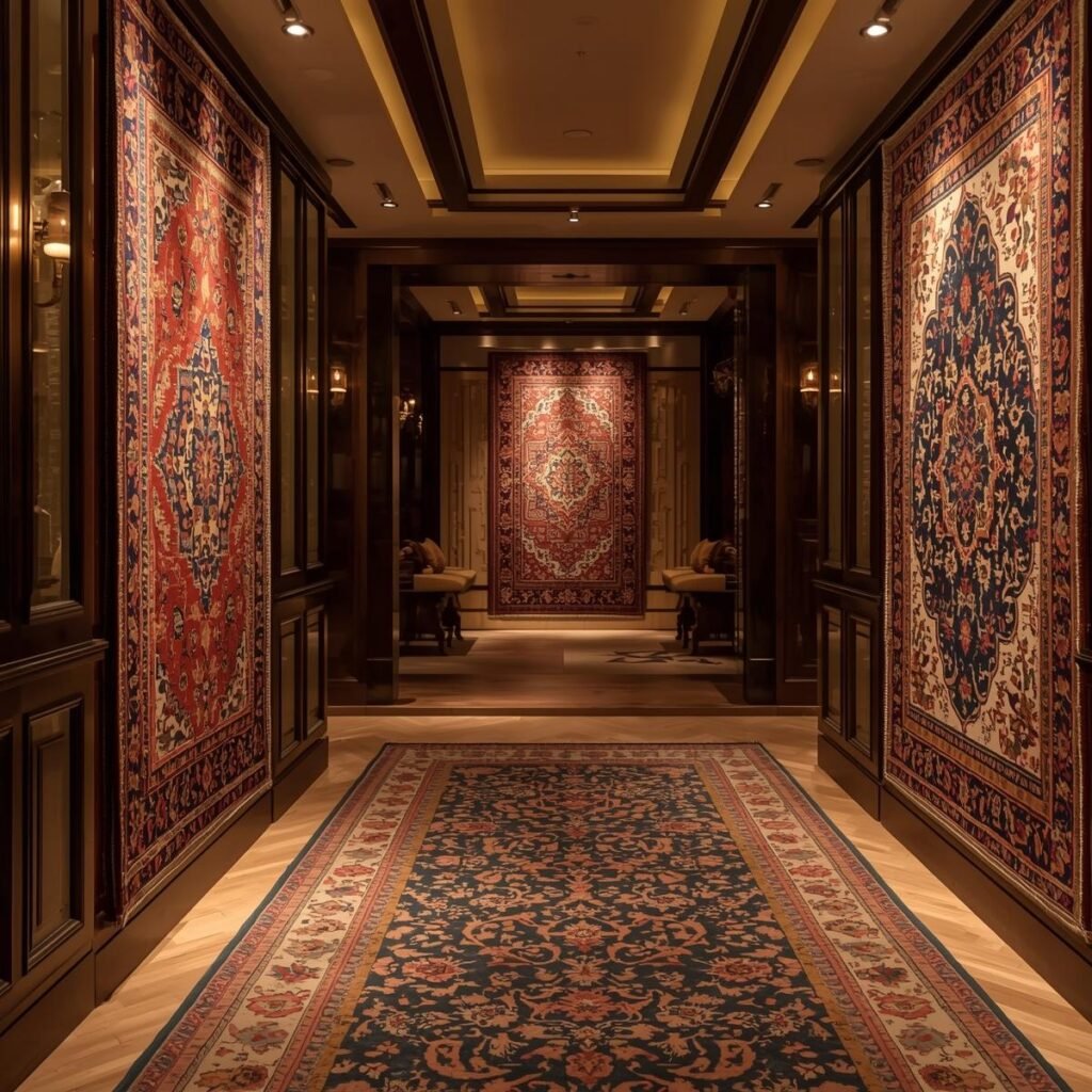 Elegant boutique interior with oriental rugs displayed on the floor and walls, warm lighting, luxury atmosphere, refined and authentic.