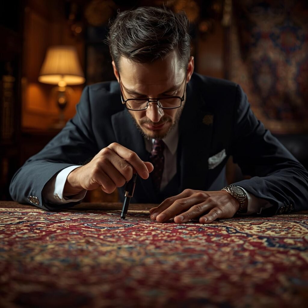 Elegant photo of an expert examining an oriental rug with a magnifying glass, refined workspace, warm tones, prestige and expertise.
