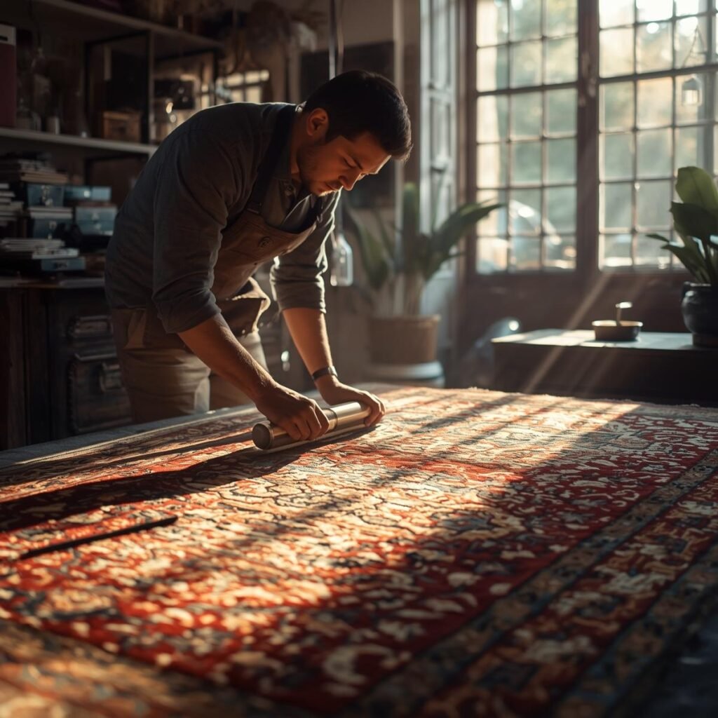 Luxury photo of an artisan carefully cleaning an oriental rug, soft natural light, high-end workshop, warm tones, elegant atmosphere.